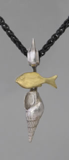 Red Sea, tiny fish pendant with Gold Damsel fish and pointy shell 7